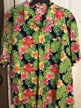 Gymboree Floral Hawaiian Shirt with Pink and Green Hibiscus men size xl linen